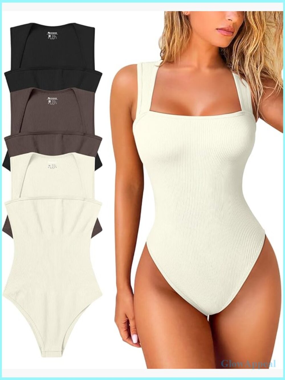 3 Piece Bodysuit Set Ribbed Square Neck Sleeveless Tummy Control Tank Tops